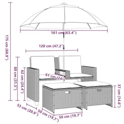 Tuinbank 2-zits met parasol en voetenbanken poly rattan beige