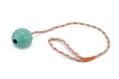 Rubberen bal met bel aan koord hondenspeeltje mint 60 cm