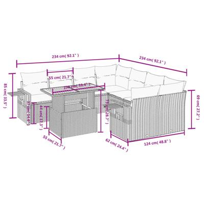 9-delige Loungeset met kussens poly rattan zwart