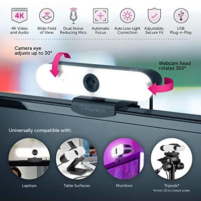 Aluratek 4K HD-ringlichtwebcam met dubbele stereo-ruisonderdrukkende microfoons, instelbaar licht, autofocus, ingebouwde statiefbevestiging, universeel compatibel
