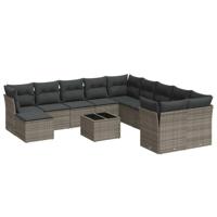 12-delige Loungeset met kussens poly rattan grijs - thumbnail