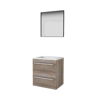 Basic-Line Framed 46 Badkamermeubelset - 60 x 46 cm - Met Grepen - 2 Lades - Acryl Wastafel - Zonder Kraangat - Spiegel met Zwart Aluminium Frame - Scotch Oak