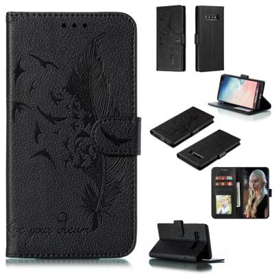 Feather patroon Litchi textuur horizontale Flip lederen draagtas met portemonnee & houder & kaartsleuven voor Galaxy S10 PLUS (zwart) Feather patroon Litchi textuur horizontale Flip lederen draagtas met portemonnee & houder & kaartsleuven voor Galaxy S10 PLUS (zwart)