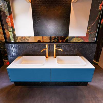 Badkamermeubelset Mondiaz Erin 150 cm met 2 Lades met RIDGE Wastafel Dubbel Talc met 2 kraangaten Greeploos Mat Jeans Badkamermeubelset Mondiaz Erin 150 cm met 2 Lades met RIDGE Wastafel Dubbel Talc met 2 kraangaten Greeploos Mat Jeans