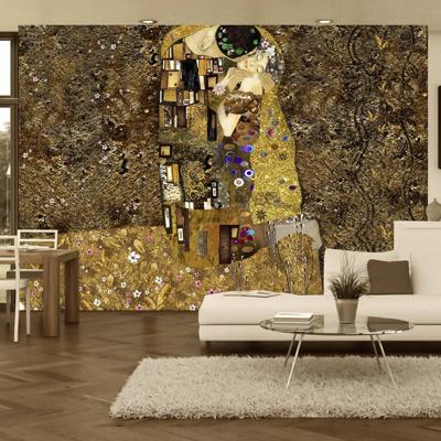 Fotobehang - Gustav Klimt inspiration: Gouden kus, goud look/bruin, Vliesbehang, 5 maten, voor woon en slaapkamer, instructies bijgesloten, gemakkelijk aan te brengen