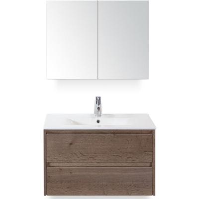Dante Badmeubelset 80 cm - Tabacco - Keramische Wastafel Wit Enjoy met Spiegelkast