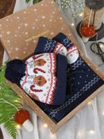 Kerstcadeauset "Rendier" voor babyjongens - muts + sjaal + wanten marineblauw - thumbnail