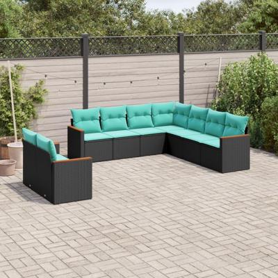 9-delige tuinbankset met kussens van zwart polyrotan
