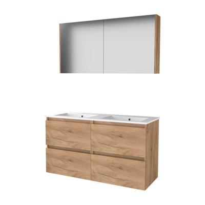 Basic-Line Comfort 46 Badkamermeubelset - 120 x 46 cm - Greeploos - 4 Lades - Keramische Wastafel - 2 Kraangaten - Spiegelkast - Whisky Oak