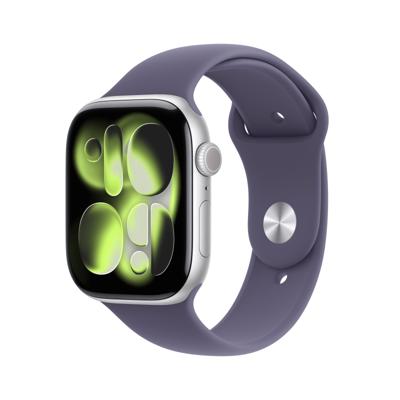 Apple Watch Series 11 GPS - 46 mm - Zilveren aluminium kast - Paarse mist sportband - S/M