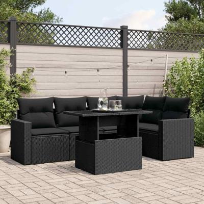 6-delige Loungeset met kussens poly rattan zwart