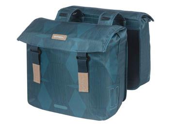 Basil elegance dubbele fietstas, blauw, gerecycled pet, gevoerd, waterkerende sluiting, universal bridge, 40-49l