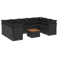 10-delige Loungeset met kussens poly rattan zwart - thumbnail