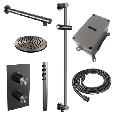 Brauer Gunmetal Edition Thermostatische Regendoucheset Inbouw - Hoofddouche 20 cm - Rechte Wandarm - 3 Weg - Handdouche Staaf - Doucheslang - Geintegreerde Glijstang - Gunmetal