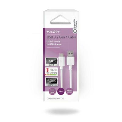 USB-Kabel | USB 3.2 Gen 1 | USB-A Male | USB-C Male | 5 Gbps | Vernikkeld | 1.00 m | Rond | PVC | Wit USB-Kabel | USB 3.2 Gen 1 | USB-A Male | USB-C Male | 5 Gbps | Vernikkeld | 1.00 m | Rond | PVC | Wit