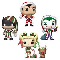DC Super Heroes Funko Pop Vinyl 4-Pack: Superman, Batman, The Joker & Harley Quin in Holiday Outfits - thumbnail