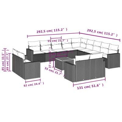 14-delige Loungeset met kussens poly rattan grijs