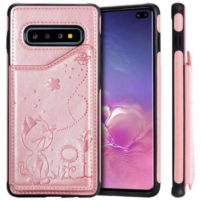 Voor Galaxy S10 plus Kat Bee reliëf patroon schokbestendige beschermende case met kaartsleuven & fotolijstjes (Rose goud)