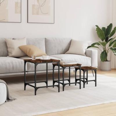 3-delige Tafeltjesset bewerkt hout gerookt eikenkleurig