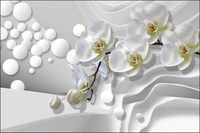 Fotobehang - Witte Orchideeën in het abstracte, wit/grijs/groen, Premium print vinyl, 11 maten, voor woon en slaapkamer, incl instructies en behanglijm