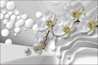Fotobehang - Witte Orchideeën in het abstracte, wit/grijs/groen, Premium print vinyl, 11 maten, voor woon en slaapkamer, incl instructies en behanglijm - thumbnail