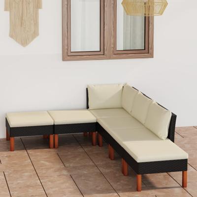 6-delige Loungeset met kussens poly rattan zwart