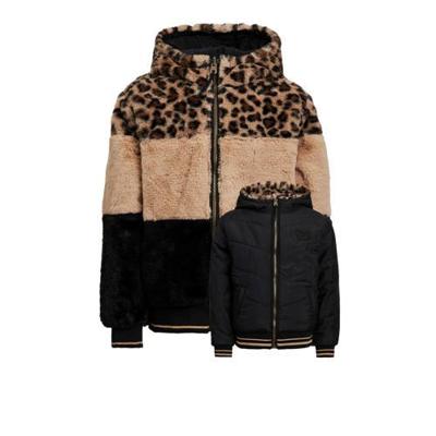 WE Fashion reversible imitatiebont winterjas met panterprint zwart/bruin WE Fashion reversible imitatiebont winterjas met panterprint zwart/bruin