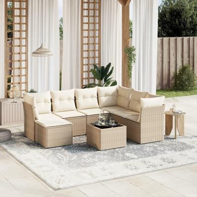 8-delige Loungeset met kussens poly rattan beige