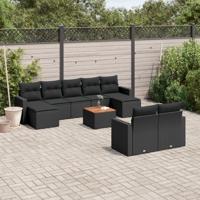 10-delige Loungeset met kussens poly rattan zwart - thumbnail