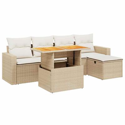 6-delige Loungeset met kussens poly rattan acacia beige