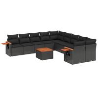 11-delige Loungeset met kussens poly rattan zwart - thumbnail