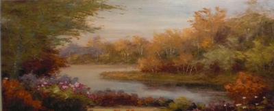 Schilderij - Handgeschilderd - Bos Beekje 150x60cm