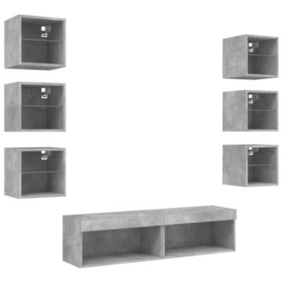 8-delige Tv-wandmeubelset met LED bewerkt hout betongrijs