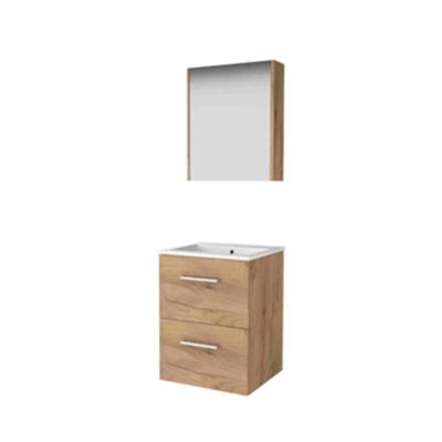 Basic-Line Comfort 46 Badkamermeubelset - 50 x 46 cm - Met Grepen - 2 Lades - Keramische Wastafel - 1 Kraangat - Spiegelkast - Whisky Oak