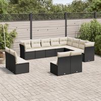 12-delige Loungeset met kussens poly rattan zwart - thumbnail