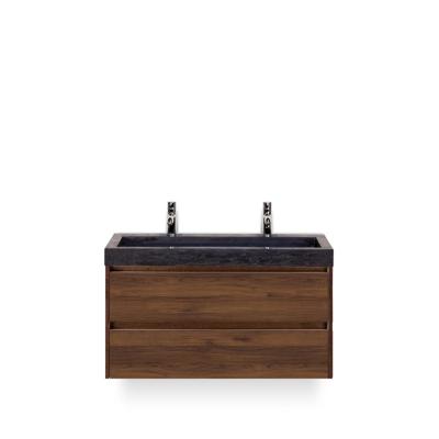 Dante Badmeubelset 100 cm - Walnoot - Wastafel Hardsteen Wit Lucca 2 kraangaten