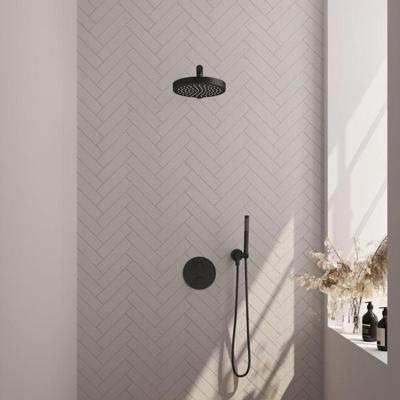 Brauer Stripe thermostatische inbouw regendouche 3-weg rond SET 37 met 25 cm douchekop en rechte muurarm en staaf handdouche en doucheslang en wandaansluitbocht mat zwart