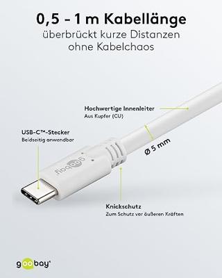 Goobay 67193 USB C kabel 0,5 m 3,2 gen. 1 / 60W mobiele telefoonkabel/USB C naar USB C oplaadkabel 5 Gbits SuperSpeed/USB Type C mobiele telefoon Samsung Xiaomi Sony/wit / 0,5 meter
