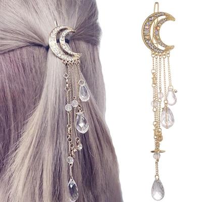 Mode elegante vrouwen Lady maan Rhinestone Crystal kwast lange keten kralen Dangle haarspeld Hair clip haar juwelen (goud)