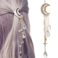 Mode elegante vrouwen Lady maan Rhinestone Crystal kwast lange keten kralen Dangle haarspeld Hair clip haar juwelen (goud) - thumbnail