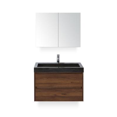 Dante Badmeubelset 80 cm - Walnoot - Wastafel Hardsteen Wit Lucca - met Spiegelkast