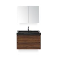 Dante Badmeubelset 80 cm - Walnoot - Wastafel Hardsteen Wit Lucca - met Spiegelkast - thumbnail