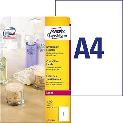 Avery-Zweckform L7784-25 Folie-etiketten 210 x 297 mm Polyester folie Transparant 25 stuk(s) Permanent hechtend Laser (kleur), Laser (zwart/wit), Kopiëren Avery-Zweckform L7784-25 Folie-etiketten 210 x 297 mm Polyester folie Transparant 25 stuk(s) Permanent hechtend Laser (kleur), Laser (zwart/wit), Kopiëren