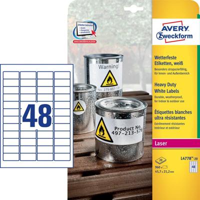 Avery L4778-20 ultra-sterke etiketten ft 45,7 x 21,2 mm (b x h), 960 etiketten, wit