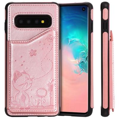 Voor Galaxy S10 kat Bee reliëf patroon schokbestendige beschermende case met kaartsleuven & fotolijstjes (Rose goud)