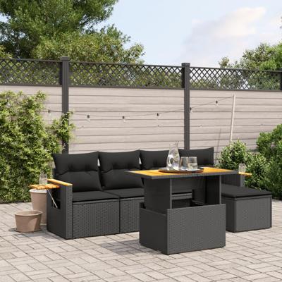 6-delige Loungeset met kussens poly rattan zwart