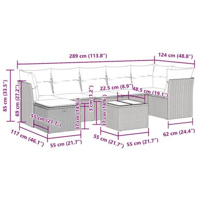 7-delige Loungeset met kussens poly rattan zwart