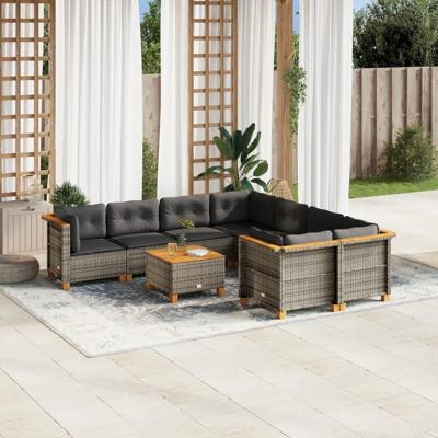 9-delige Loungeset met kussens poly rattan grijs