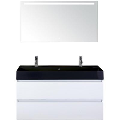 Maxx XL Badmeubelset 120 cm - Wit Hoogglans - Wastafel Kube Enkel Zwart 2 Kraangaten met LED Spiegel