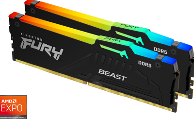 Kingston FURY Beast RGB Werkgeheugenset voor PC DDR5 64 GB 2 x 32 GB Non-ECC 6000 MHz 288-pins DIMM CL36 KF560C36BBEAK2-64